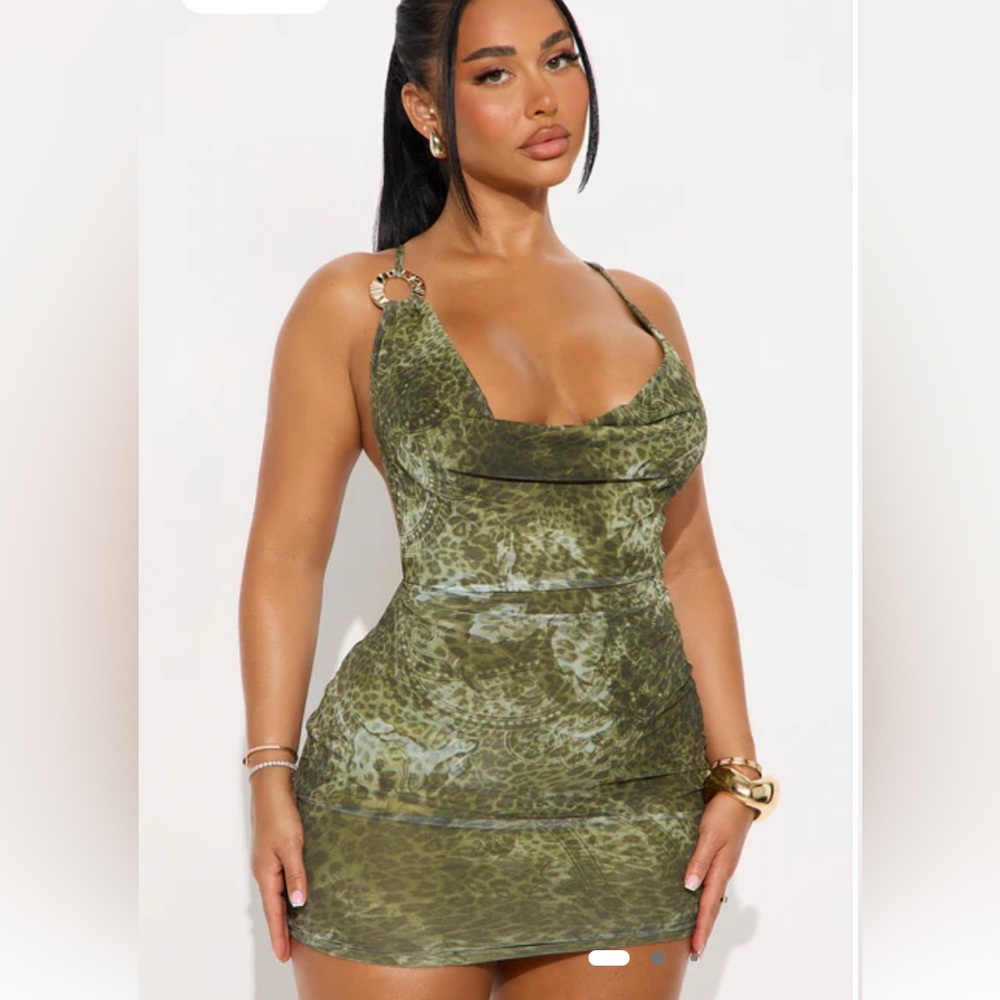 Fashion Nova Green Leopard Backless Dress